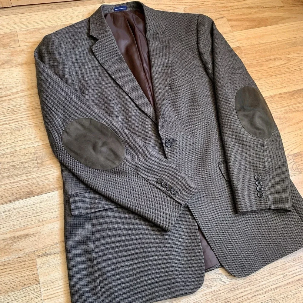 Stafford‎ Essentials Sports Coat 44L Classic Fit Elbow Patch Houndstooth Wool